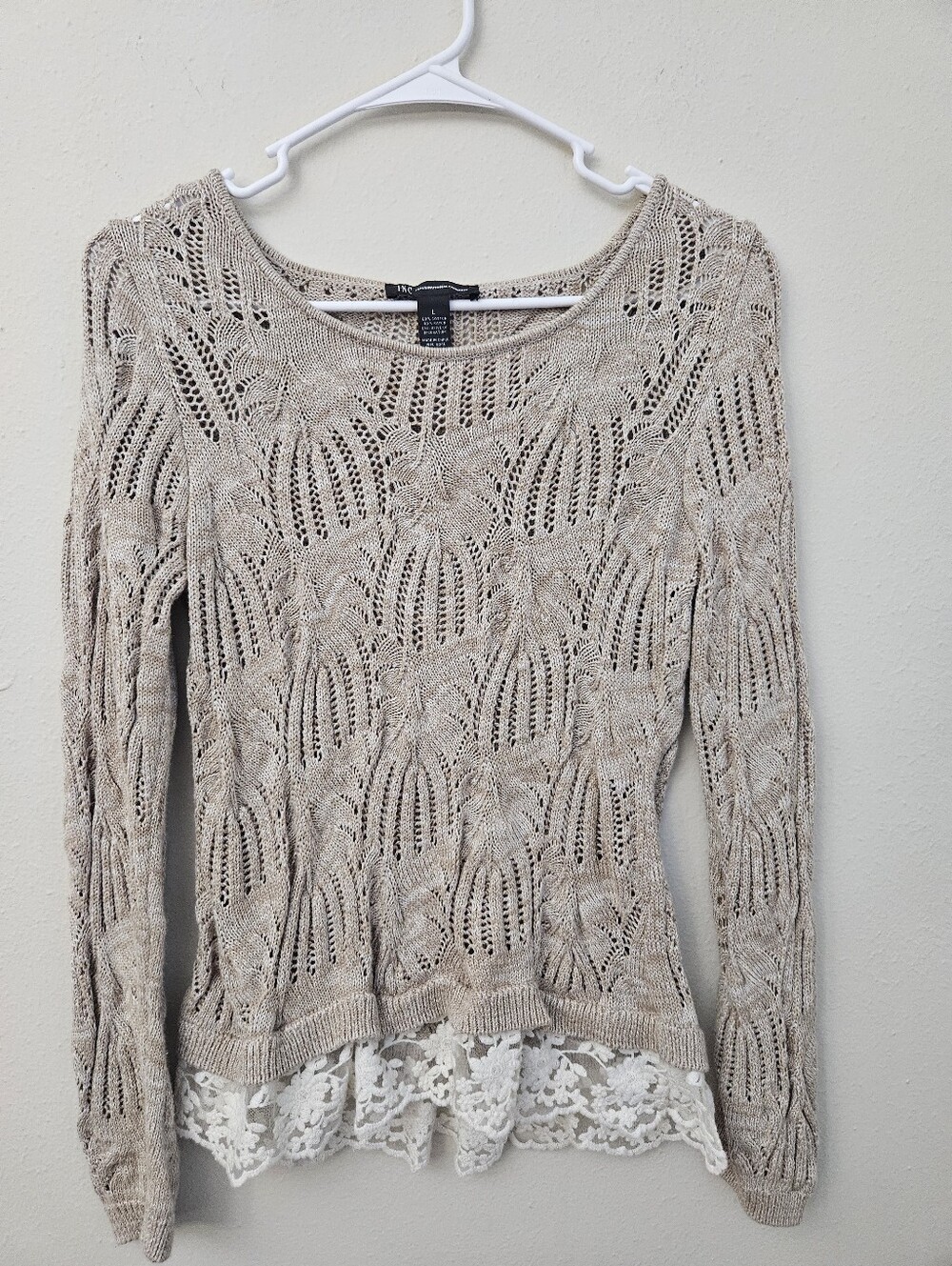 Light Beige Crochet Sweater with Lace Hem - Womens Topsize L